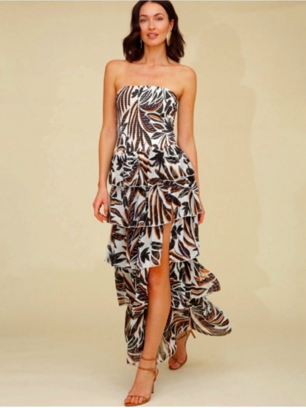 NWT Avec Les Filles- L SMOCKED-BODICE RUFFLE-TIERED MAXI DRESS BALI GARDEN